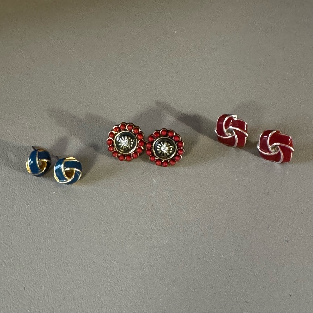 Vintage lot 3 Red & Blue Enamel & Red Bead & Crystal Gold Tone Post Earrings